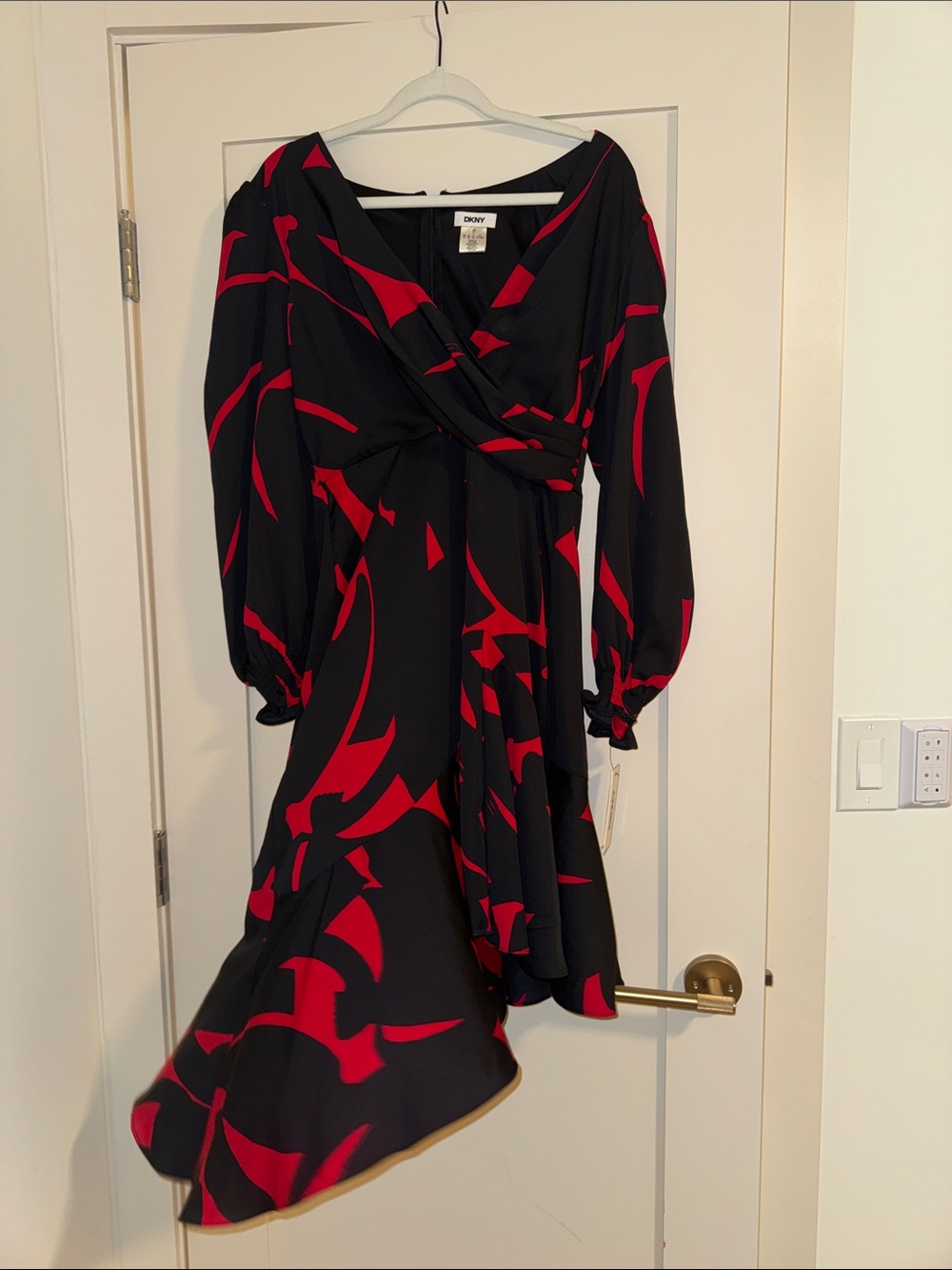DKNY Black and Red Asymmetric Wrap Dress
